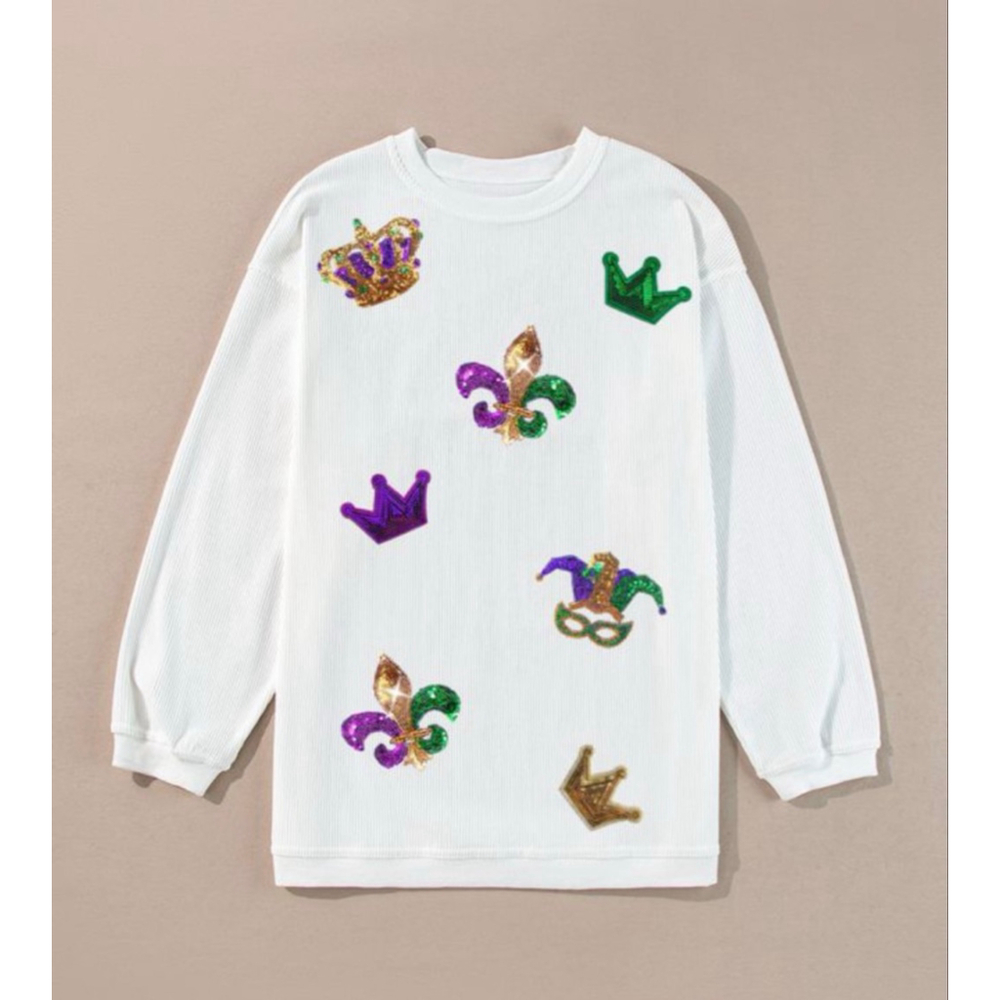 Mardi Gras Sequin Patch Oversized White Corded Sweatshirt - Picture 7 of 8